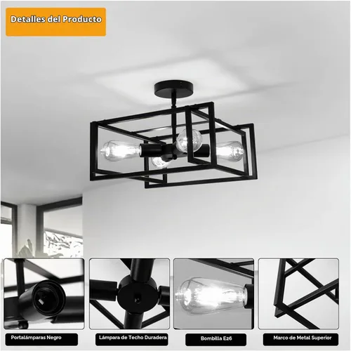 Vista 5 de DELIPOP Lámpara de techo LED de 4 luces industrial, color negro, lámpara de techo semiempotrada, iluminación para comedor, cocina, pasillo, isla