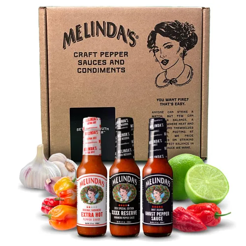 Vista 9 de Melinda's Paquete variado suave y salvaje, juego de regalo de salsa picante gourmet con variedad de sabores frescos, incluye jalapeño, mango y ajo