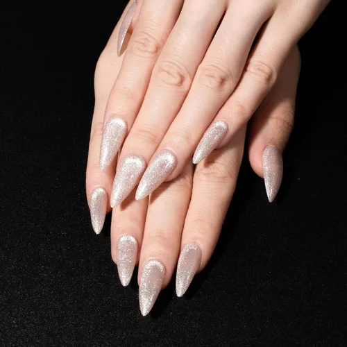 Vista 21 de Uñas postizas rojas de tamaño mediano en forma de almendra, uñas acrílicas brillantes con diseño de purpurina, uñas artificiales de cobertura a001