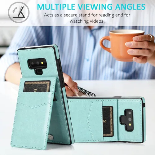 Vista 5 de Funda tipo cartera de piel verde para Samsung Galaxy Note 9 con protector de vidrio templado, tarjetero y función atril