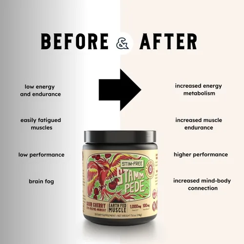 Vista 3 de Earth Fed Muscle Stampede sin estimulantes antes del entrenamiento, cereza agria, estimulante y sin cafeína, aumenta la energía, la resistencia