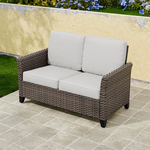 Vista 12 de COOS BAY Harbor Retreat - Sofá para exteriores, sofá de ratán de 3 plazas con cojines, muebles de patio pequeños para balcón o terraza, marrón/beige