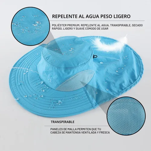 Vista 5 de Home Prefer Sombrero de sol para exteriores UPF50+ Sombrero de pesca de malla de ala ancha con solapa para el cuello Azul aguamarina