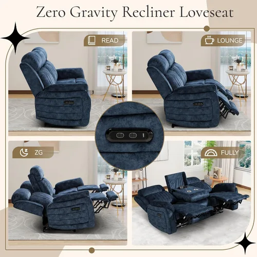 Vista 6 de Sofá reclinable eléctrico con gravedad cero, sillón reclinable eléctrico con reposacabezas ajustable, carga inalámbrica, puertos USB/C, sofá Azul