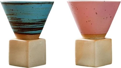 Vista 9 de 2 tazas de café de cerámica gruesa con base de 6.8 fl oz, taza de porcelana con forma de cono triangular creativa, estilo retro, embudo de gres