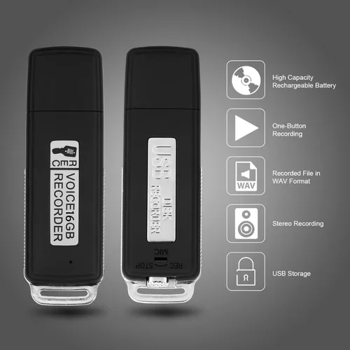 Vista 2 de Grabadora de voz digital; Grabadora de voz de audio de disco USB digital portátil Modea con memoria flash U (16 GB) (negro)