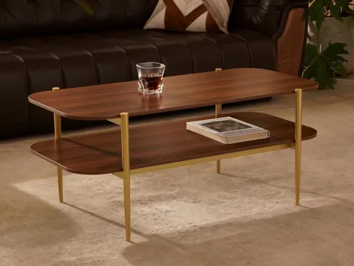 Vista 12 de Shrine - Mesa de café rectangular, diseño moderno de mediados de siglo, estructura de 2 niveles, parte superior de vidrio ámbar y estante de MDF