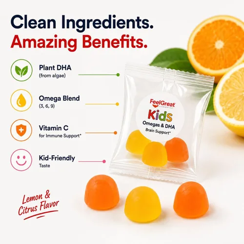 Vista 2 de Feel Great Vitamins Omega 3 for Kids DHA Gummies, 25 Daily Packs