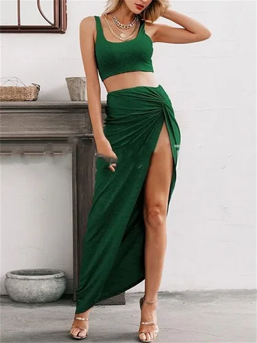 Vista 3 de PRIMODA - Conjunto de 2 piezas con estilo de vestido para mujer sin mangas ajustado con abertura alta maxi falda larga