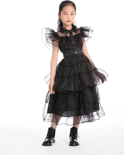 Vista 5 de CFNRHEOU Wednesday Addams Dress for Kids Girls,Family Party Dress Up Cosplay Outfit Gothic Dress Halloween Costumes with Hair
