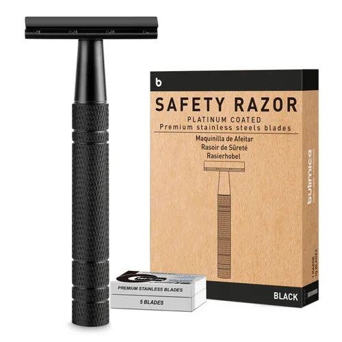 Vista 12 de Maquinilla de afeitar de seguridad azul, navajas de una sola hoja para hombres Reusable Metal Razor, with 10 Platinum Coated Double Edge Blades
