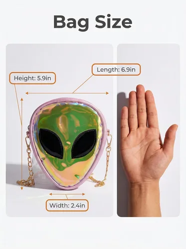 Vista 7 de Bolso cruzado holográfico con patrón alienígena con purpurina y correa de cadena para niños, adolescentes, niñas y mujeres