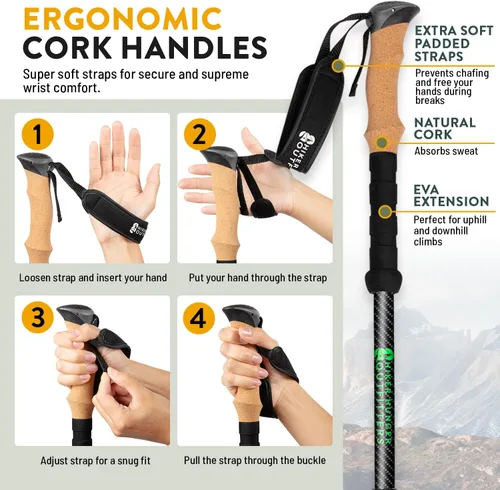 Vista 7 de 100% Carbon Fiber Trekking Poles by USA Brand - Ultra Strong Lightweight Collapsible Hiking Poles with Cork and EVA Foam Grips & Quick Adjustable