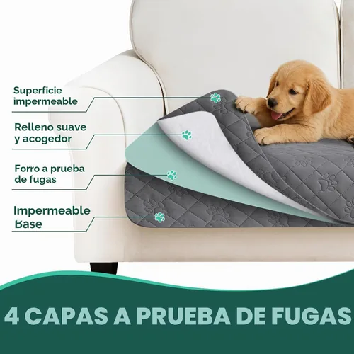 Vista 6 de Funda impermeable de 4 plazas para perros, manta acolchada con estampado de patas para sofá y cama de 4 cojines, resistente al pelo de mascotas Gris