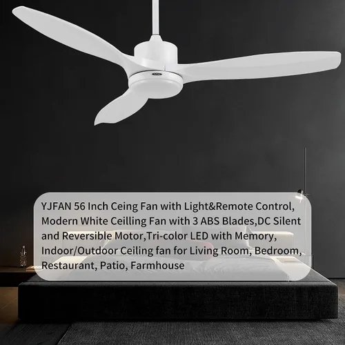 Vista 4 de Ventiladores de techo de 56 pulgadas con luces, ventilador de techo blanco moderno con control remoto, motor CC silencioso reversible, luz