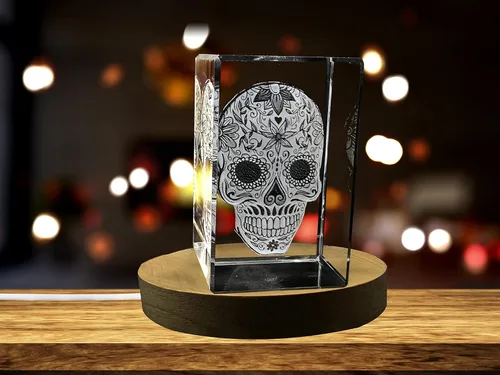 Vista 2 de Calavera mexicana grabada en 3D decoración de cristal (XL (4 x 6 x 3 pulgadas)