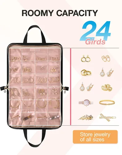 Vista 4 de BAGSMART Estuche organizador de joyas de viaje, bolsa portátil para joyas, sin enredos, almacenamiento de collares, bolsillos transparentes