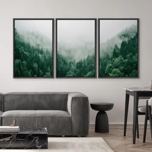 Vista 598 de SIGNWIN Lienzo enmarcado para pared, juego de arte pastel con cadena montañosa, bosque, niebla, naturaleza silvestre, ilustraciones modernas, arte