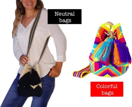Vista 5 de Wayuu - Mochila para mujer, bolso de ganchillo, bolsas bohemias colombianas, hecha a mano con borlas grandes y bonitas, Azul y beige-mediano, M