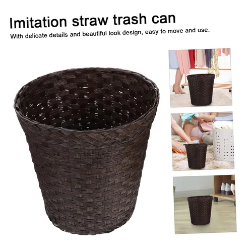 Vista 8 de Garneck Recipientes de basura de paja de imitación con tapas, cubo de basura de bambú personalizado, pequeño bote de basura automático para baño