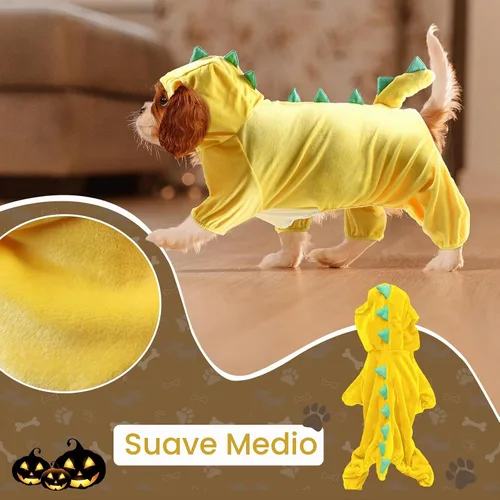 Vista 4 de NACOCO Disfraz de dinosaurio para perro de Halloween, diseño de ropa para mascotas, sudadera con capucha amarilla para perros medianos y grandes