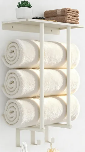 Vista 11 de Toalleros para baño, toallero con estante y 3 ganchos, soportes de almacenamiento de toallas de pared para toallas de baño enrolladas, color negro