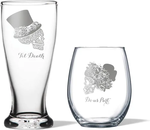 Vista 2 de Alterd Industries Calavera de azúcar – Til Death Do Us Part grabado, vasos de tostado, regalos de boda para parejas, calavera de copa de vino