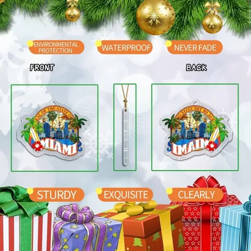 Vista 2 de Miami Florida USA Adorno de Navidad de acrílico transparente de doble cara para decoración de árbol, colgante de recuerdo de viaje, colección