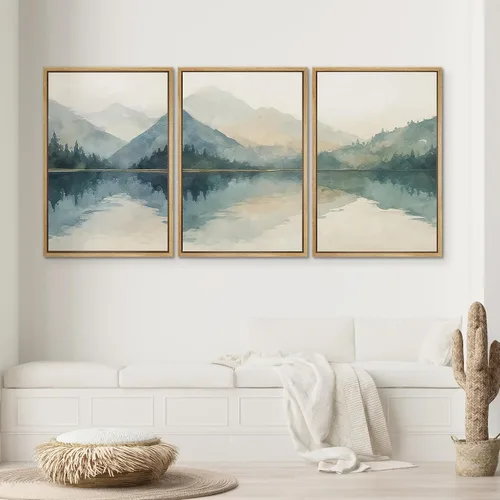 Vista 2 de SIGNWIN Lienzo enmarcado para pared, juego de arte tranquilo con reflejo de lago, acuarela, montaña y agua, ilustraciones modernas, arte abstracto