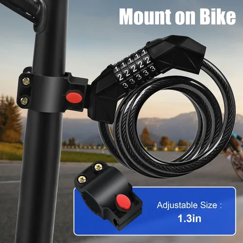 Vista 6 de Candado de cable de bicicleta eléctrica, bloqueo de cable de bicicleta eléctrica, bloqueo de cable reajustable de 4 pies para bicicleta eléctrica