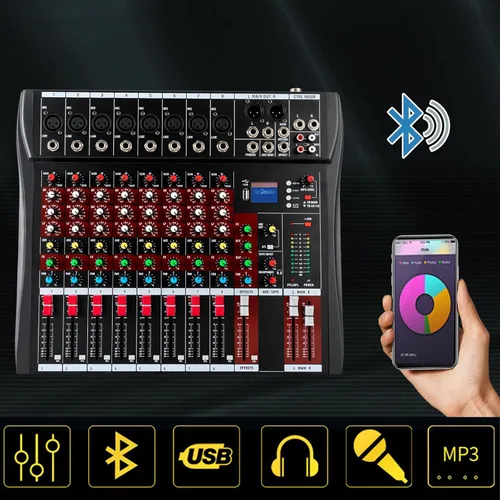 Vista 3 de Consola de mezcla profesional de 8 canales Mezclador de audio Bluetooth Digital USB MP3 Entrada 48V Phantom Power Estéreo DJ Studio Audio Mezclador
