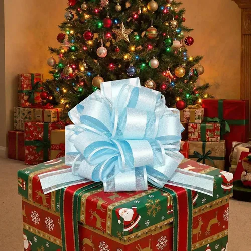 Vista 3 de HQJAXJ 6 lazos azul cielo para envolver regalos, lazos con purpurina de 6 pulgadas para cestas de regalo, Pascua, cestas de regalo, fiestas