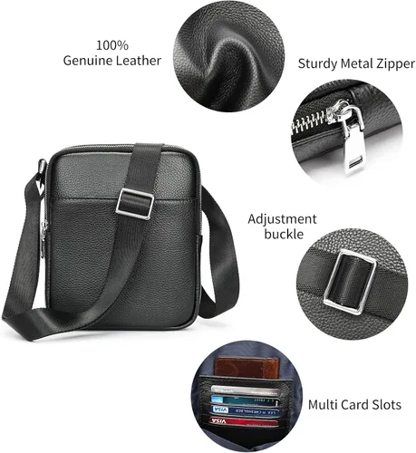 Vista 2 de NIUCUNZH Monederos y bolsos de hombre pequeños, mini mensajero de cuero genuino y bolso de hombro para hombres con muchos bolsillos con cremallera