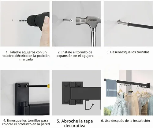 Vista 6 de Kelisiting Tendedero de Ropa de Montaje en Pared, Plegable de 2 Pliegues y Resistente, Tendedero de Lavandería para Montaje en Pared, [Sin Taladrar]