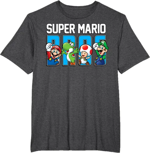Vista 22 de Super Mario Bros Characters Letter Fill Graphic T-Shirt Camiseta, Negro