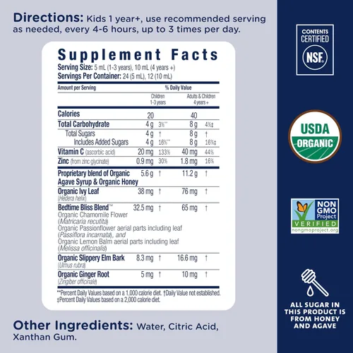 Vista 5 de Mommy's Bliss Jarabe orgánico para la tos y alivio de la mucosidad para niños, agave y miel, hoja de hiedra, zinc, vitamina C, jarabe para la tos