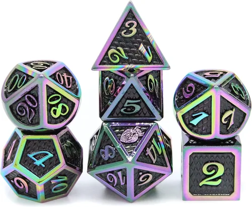 Vista 6 de HEIMDALLR Juego de dados DND de metal, 7 piezas, diseño de piel de dragón, tamaño de 0.630 in, logotipo en D20; juego de dados de metal y caja