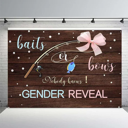 Vista 2 de MEHOFOND Fondo de fotos de 7 x 5 pies con texto en inglés "Nobody Knows Gender Reveal", tablero de madera rústica, mesa para tartas, decoración
