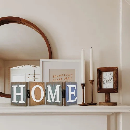 Vista 2 de Letrero de madera para el hogar, letras decorativas rústicas, centro de mesa independiente