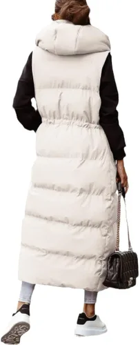 Vista 3 de Shanfetl Chaleco largo acolchado con capucha para mujer, sin mangas, chaleco acolchado, abrigo de invierno