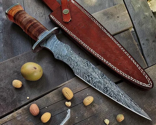 Vista 5 de Poshland DG-71 Hecho a mano Damscus cuchillo de acero con mango de cuero - doble borde