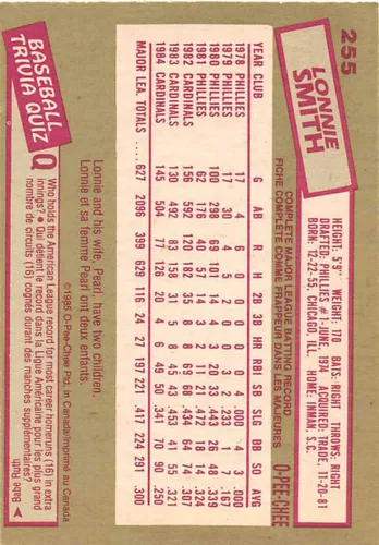 Vista 2 de 1985 O-Pee-Chee Baseball #255 Lonnie Smith St. Louis Cardinals Official MLB Trading Card