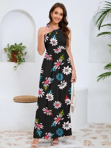 Vista 6 de DEARCASE Vestido largo de verano sin mangas para mujer, con bolsillos E10-floral Negro Azul