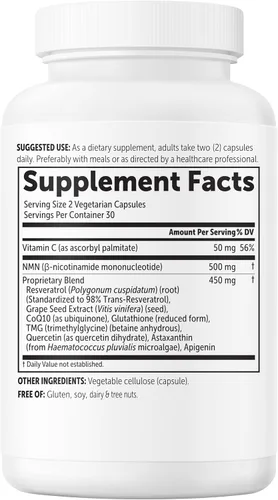 Vista 8 de Complejo NMN 1,000 mg por porción, 60 cápsulas vegetales 10 en 1 con mononucleótido de nicotinamida, vitamina C, resveratrol, CoQ10, TMG