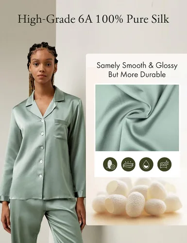 Vista 6 de LilySilk - Conjunto de pijama de seda para mujer, cómoda, de dos piezas, de manga larga, Seda de morera auténtica de 16 momme Verde aguacate