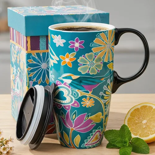 Vista 13 de DUSVALLY Taza de cerámica grande Taza de café alta Tazas de viaje de porcelana Taza de café con tapa de 17 onzas, Abeja