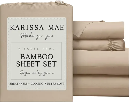 Vista 49 de KARISSA MAE Juego de sábanas de viscosa de bambú de lujo, 100% certificado FSC, refrescante, lujosamente suave, bolsillos profundos de 18 pulgadas