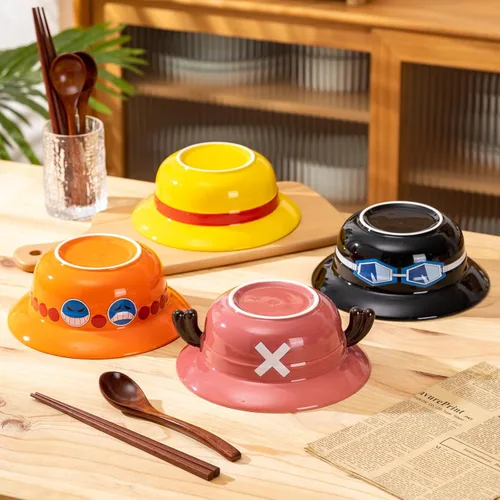 Vista 6 de Tazón de ramen con sombrero de paja (tazón de cerámica + cuchara de madera + palillos) para fanáticos del anime