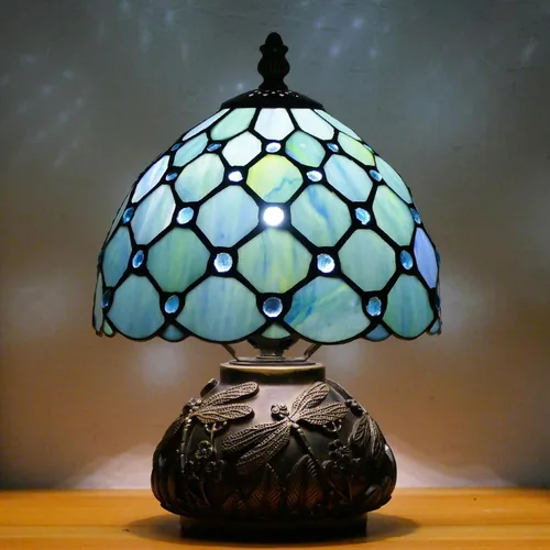 Vista 12 de Pequeña Lámpara Tiffany Mini Lámpara de Mesa de Vidrio Manchado Estilo Perla Púrpura Seta Lámpara de Acento 8X11 Pulgadas
