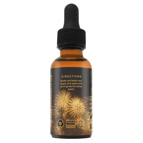 Vista 3 de Aceite para barba Happy New Year perfumado con pachulí, vainilla, naranja dulce e incienso (1 oz.)